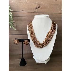 Rare Vintage Signed LES BERNARD - Necklace Earrings Set - Beaded - Design Clasp